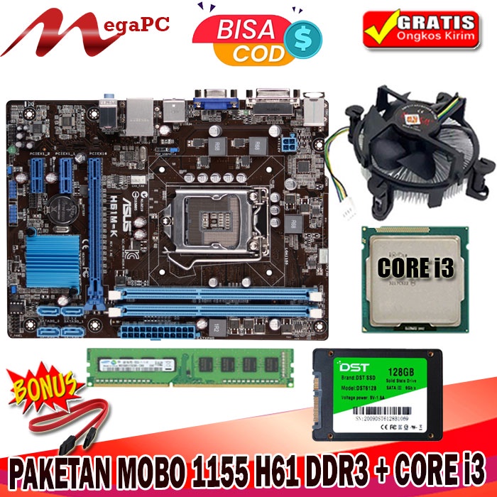 Paket Mainboard 1155 H61 DDR3 + Core i3 3220 + Ram + SSD 128GB Windows 7/10