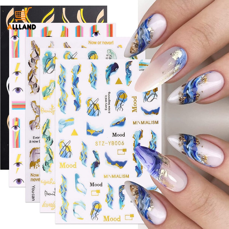 1 Lembar Stiker Kuku Motif Marmer Warna Emas Untuk Manicure