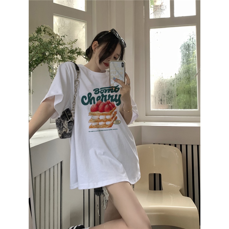 EUNII T-shirt Lengan Pendek Strawberry Cake Korean Style/Kaos Atasan Wanita/Baju Kaus Oversize Wanita/Kaos Wanita