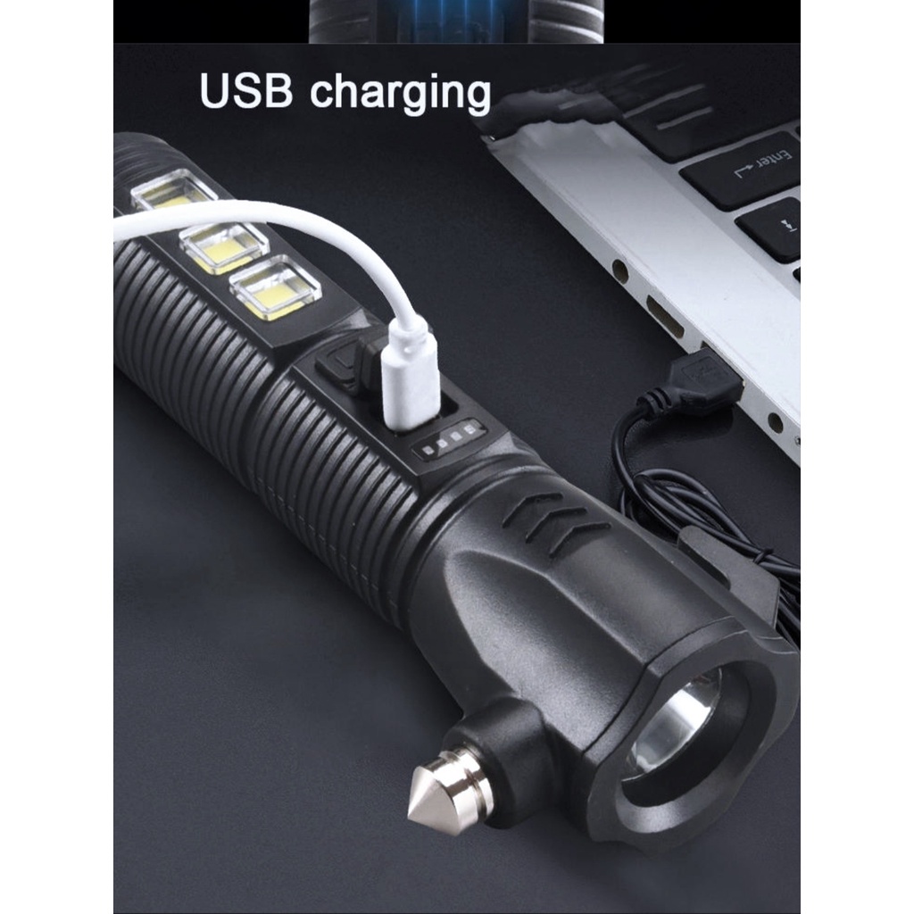 Senter LED Flashlight USB Charger Palu Pengaman Kaca Mobil Multifungsi / Safety Hammer