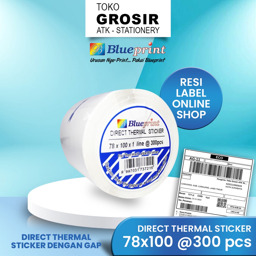 

78x100 Resi Label Pengiriman Kertas Thermal Sticker Barcode BLUEPRINT 300 Stiker Termal ≈ 80mm < A6