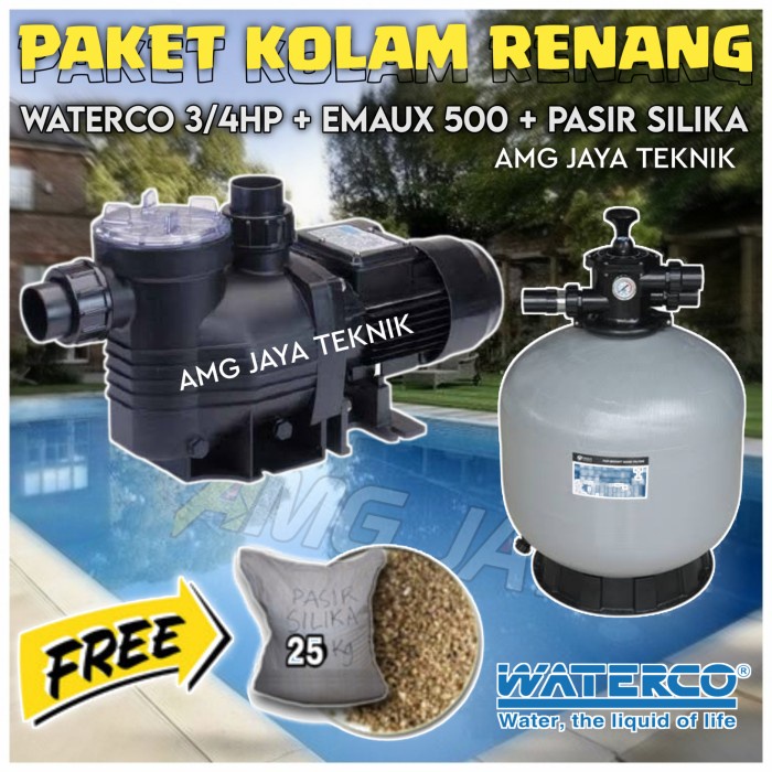 PAKET POMPA KOLAM RENANG WATERCO 3/4HP + SAND FILTER EMAUX 500 LENGKAP