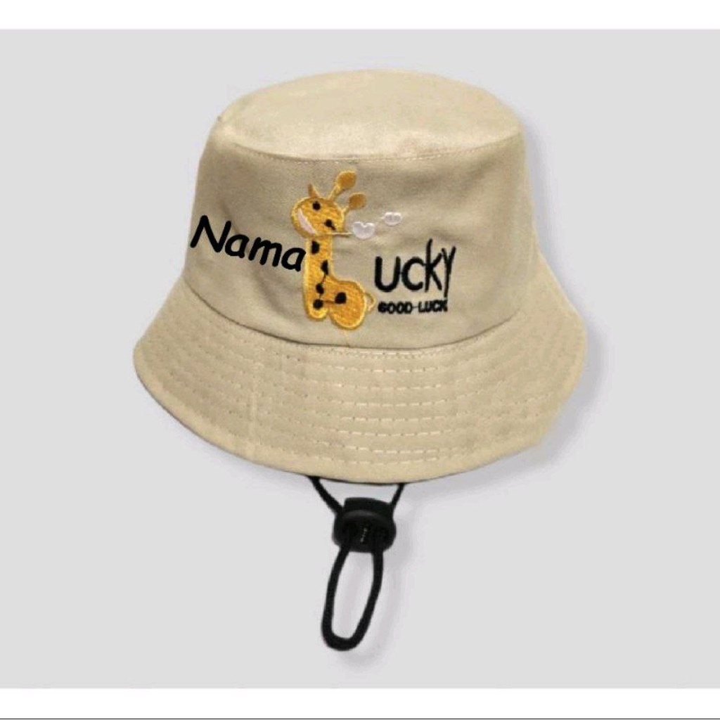 TOPI BUCKET ANAK KARAKTER GOOD LUCKY ADA TALI FREE BORDIR NAMA CEWE/COWO