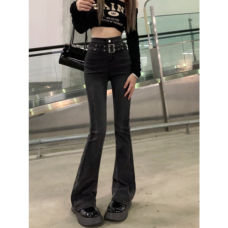 Suhao Retro Gaya Hong Kong Jeans Pinggang Tinggi Berkobar Celana Slim Fit Hitam Celana Musim Gugur Lurus Mengepel Celana Wanita