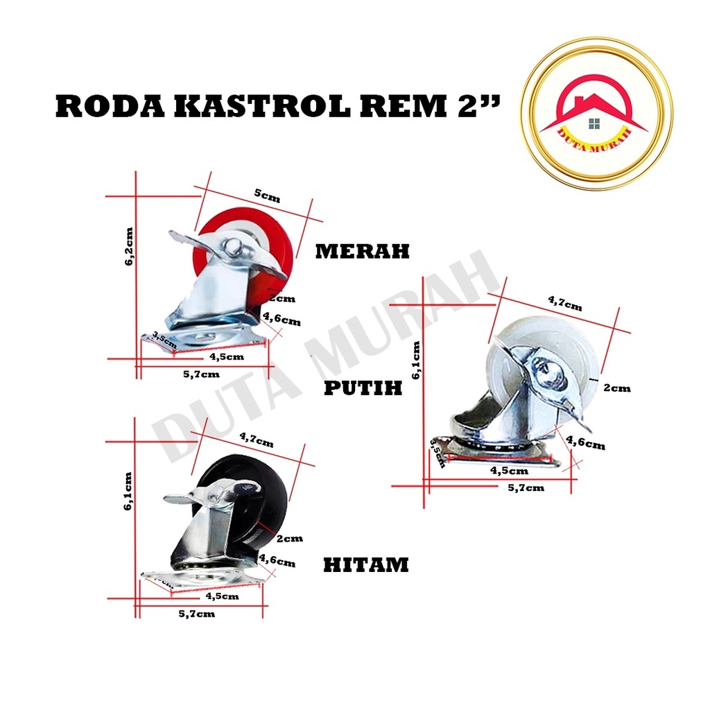 Roda Kastor Plate Pvc Nylon 2 inchi Hidup + Rem Troly Etalase / Roda Lemari, isi (1 pcs)