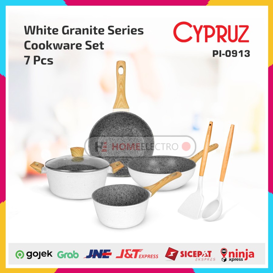 Cypruz PI-0913 White Granite Series Complete Cookware Set 7 Pcs