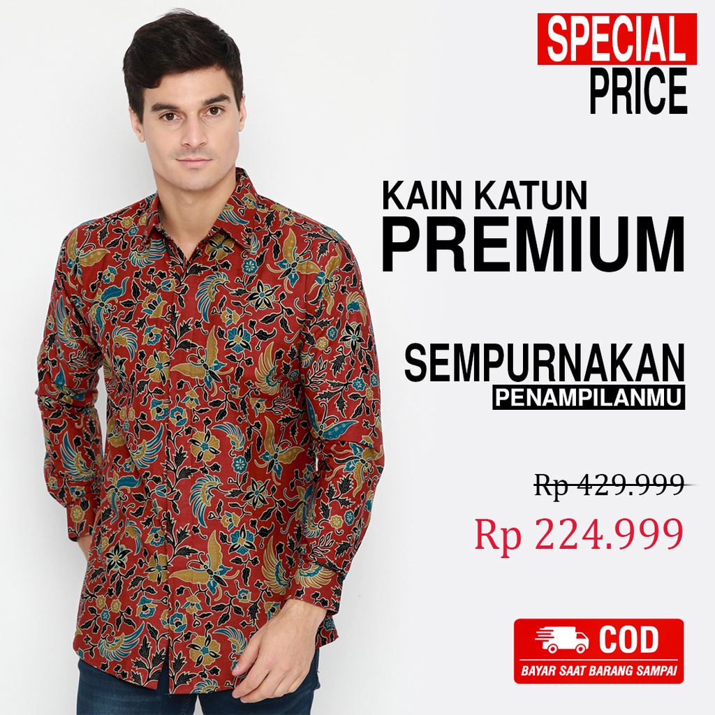 BATIK PRIA LENGAN PANJANG Kemeja Premium Warna Merah Maroon Kuning 724885 Cap 72 - Baju Kemeja Atasan Pakaian Setelan Batik Pria Cowok Laki Laki Remaja Keluarga Kantor Lengan Panjang Modern Slimfit Slim Fit Premium Kekinian