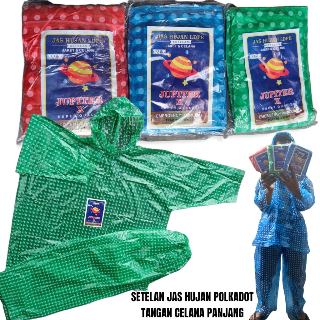 JAS HUJAN SETELAN LENGAN CELANA PANJANG RIDER / JUPITER POLOS / POLKADOT MOTIF BULAT