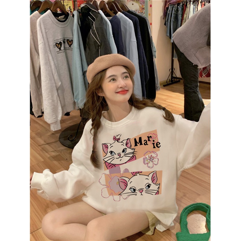 EUNII Sweater Lengan Panjang Cute Cat Korean Style/Hoodie Oversize/Baju Wanita/Switer Wanita