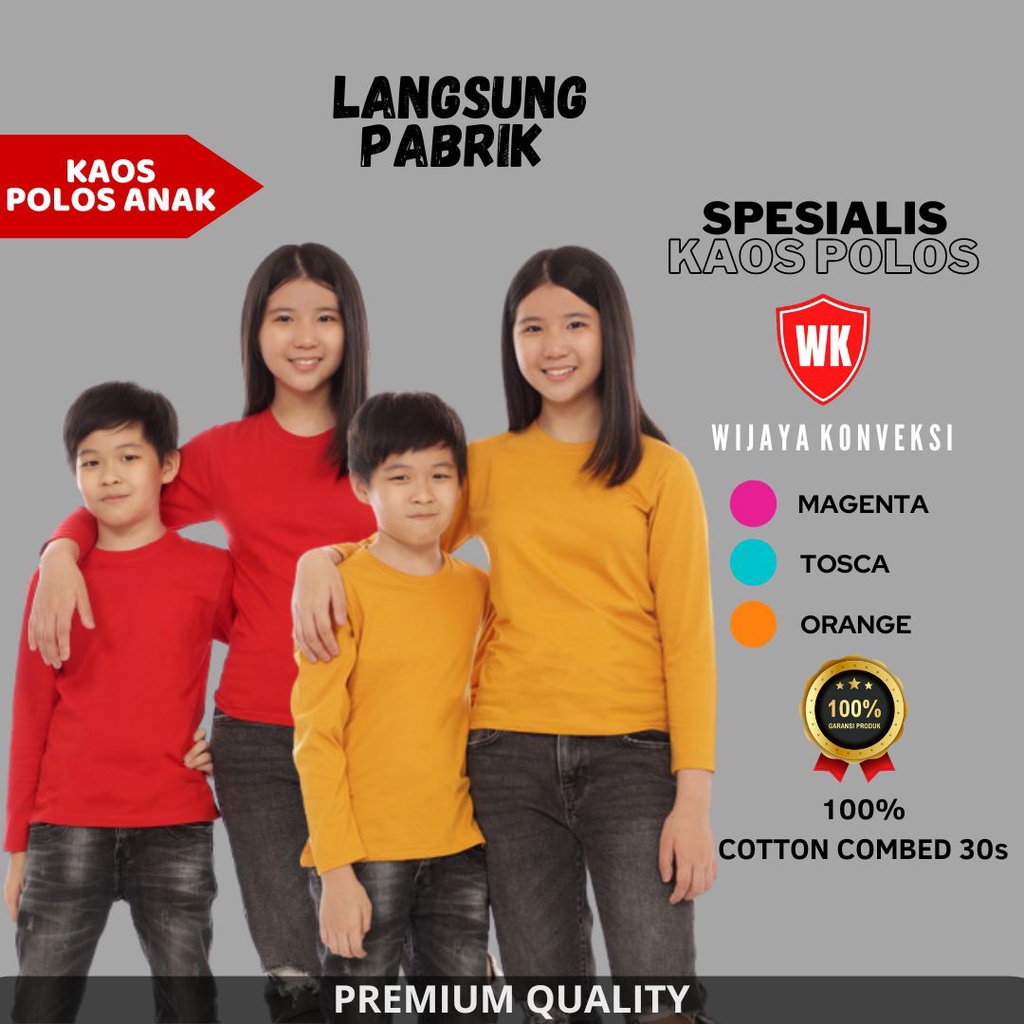 Kaos polos Anak Laki Laki Perempuan Premium oblong Lengan Panjang Atasan Setelan Pria Wanita Unisex 