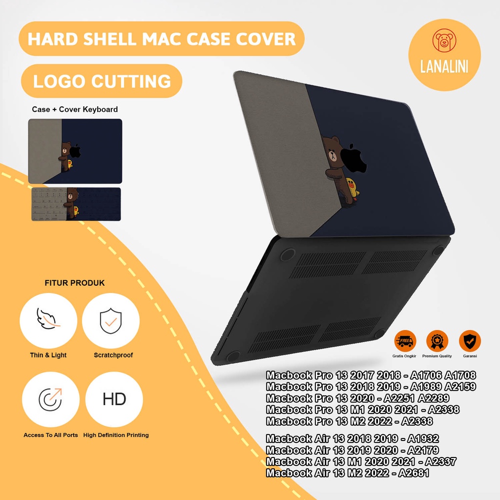 Case Casing Protective Pelindung Laptop Macbook Air Pro 13 M1 M2 2017 2018 2019 2020 2021 A1932 A2179 A2337 A1706 A1708 A1989 A2159 A2251 A2289 A2338 A2681 Gambar kartun Cartoon Beruang Line Warna hitam  Black Motif Lucu Hardcase Murah