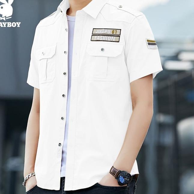 Kemeja Lengan Pendek Pria Baju Atasan Pria Hem Polos Casual Cowok - Putih