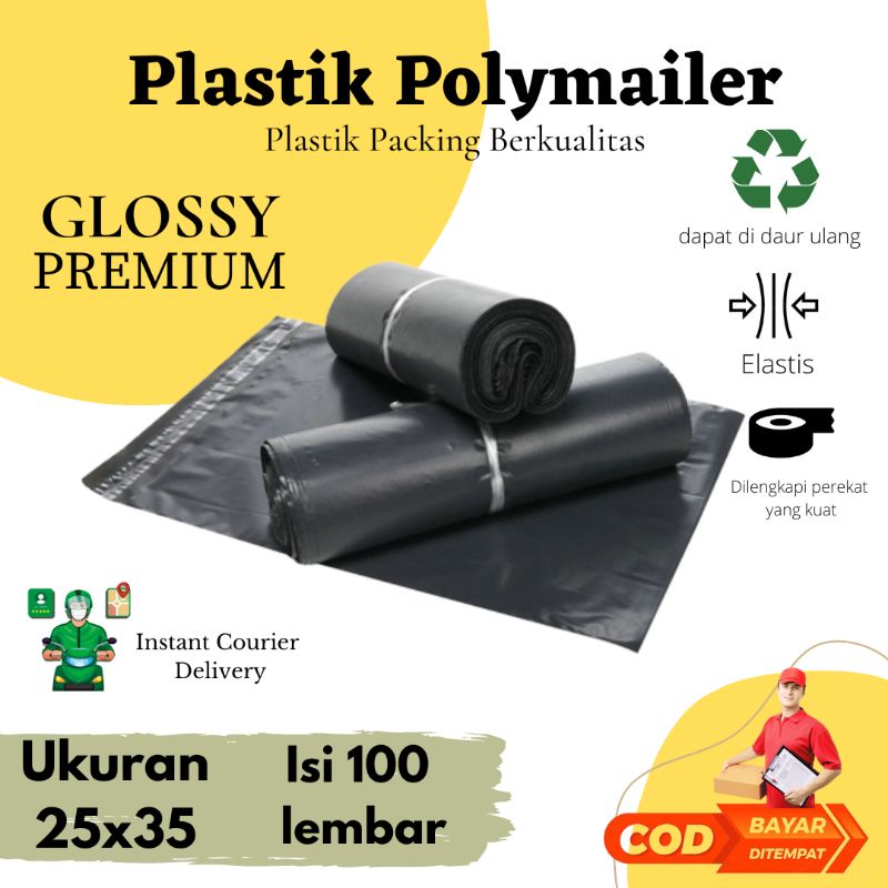 

Plastik Packing Polymailer / Polimer 25x35 Warna Hitam Glossy Premium Plastik Packing Tebal Berkualitas