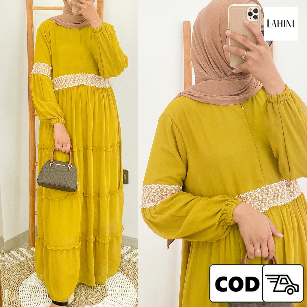 Gamis Terbaru Kekinian Dress Kondangan Remaja Dewasa Muslim Ceruty Babydoll Mix Furing Renda Warna P