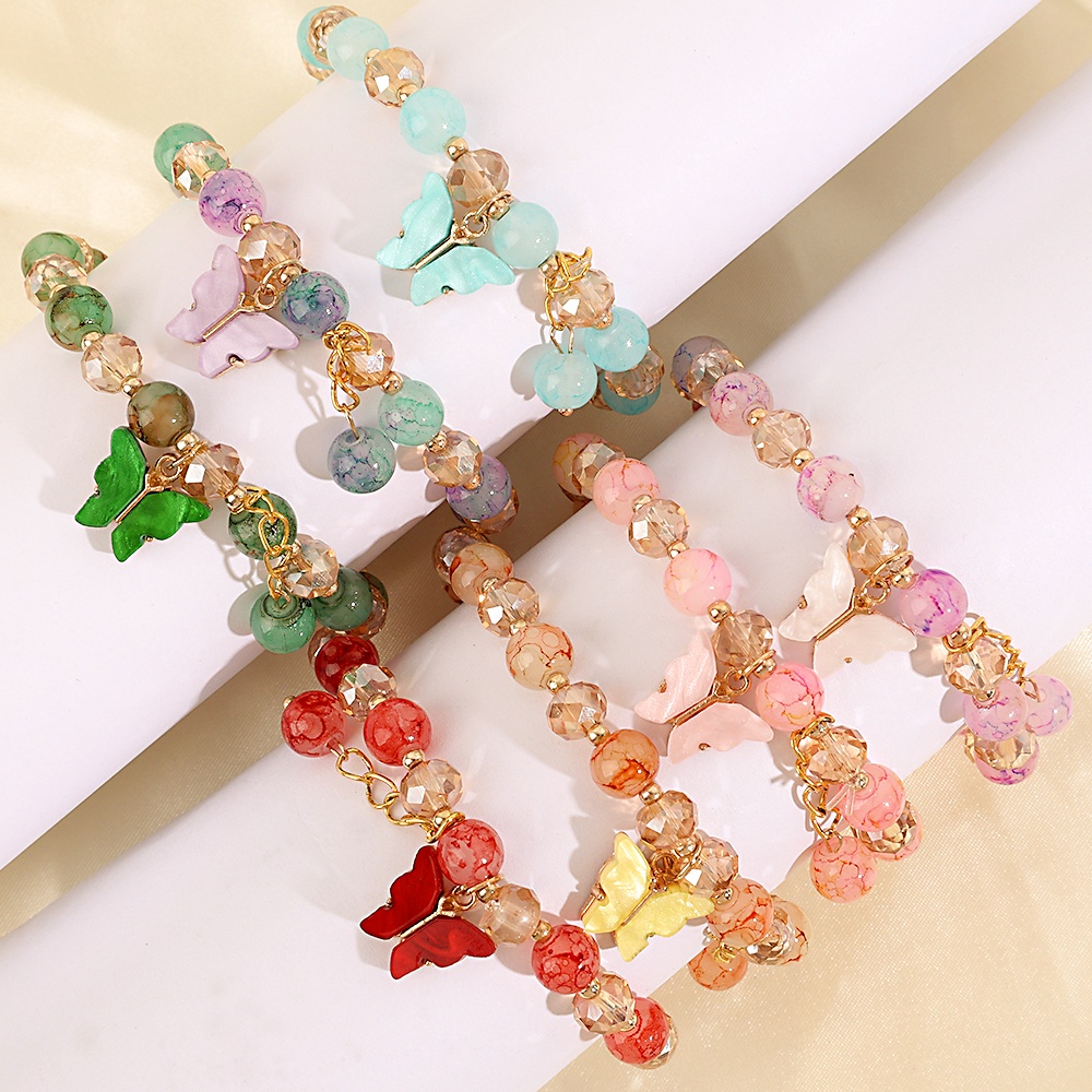 Gelang Liontin Kupu-Kupu Kristal Manik-Manik Warna-Warni Gaya Korea Untuk Wanita Butterfly