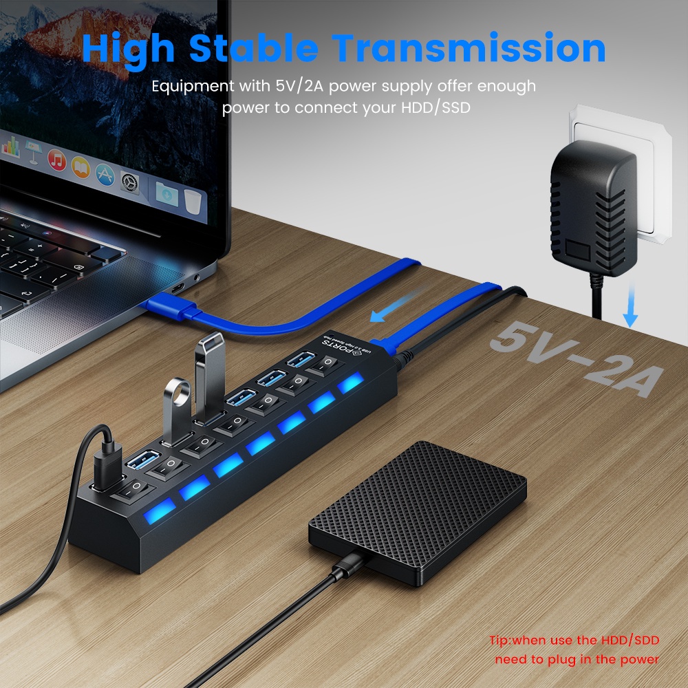 Hub 7 Port USB 2.0 Kecepatan Tinggi Dengan Lampu LED + power switch ON-OFF 4-Port