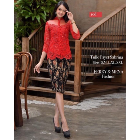 Promo setelan kebaya sabrina brokat semi payet kebaya pendek modern - merah. atasan saja Limited