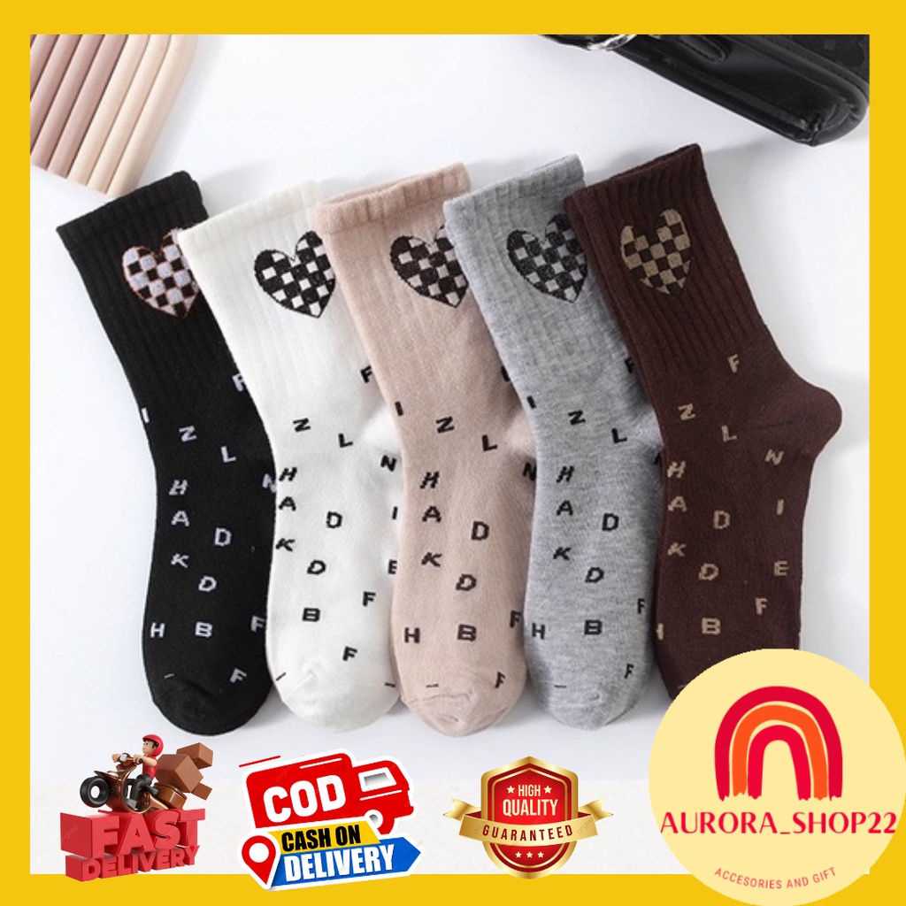 [COD] Kaos Kaki Panjang Diatas Mata Kaki Mid Sock Setinggi Betis Import Motif Love Warna Eart Tone Cute Kaos Kaki Fashion Wanita Korea