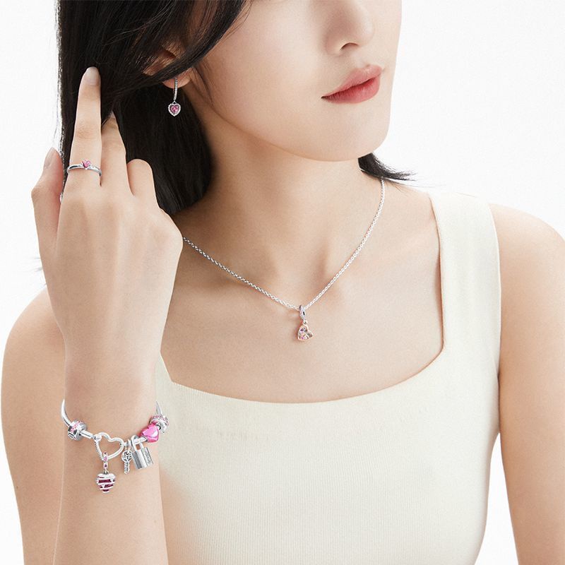 Pandora Anting Tusuk Sterling Silver 925 Desain Hati Hias Cubic Zirconia Pink Untuk Wanita