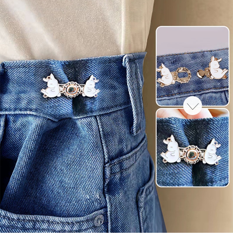 1 Pasang Kancing Metal Bentuk Kelinci Lucu Tanpa Paku Adjustable Invisible DIY Untuk Celana Jeans