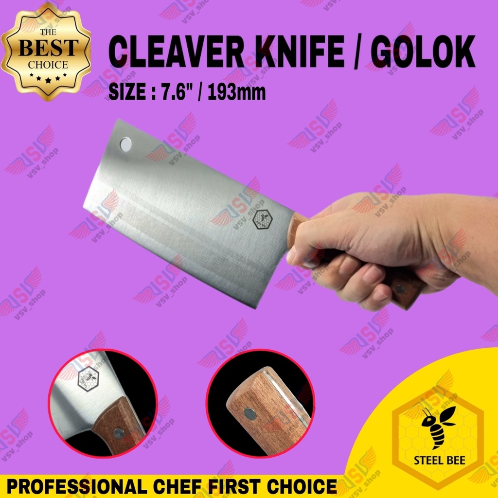 Steel Bee Pisau Dapur Pisau Daging Gagang Kayu Premium Cleaver 7.6&quot; Tahan Karat