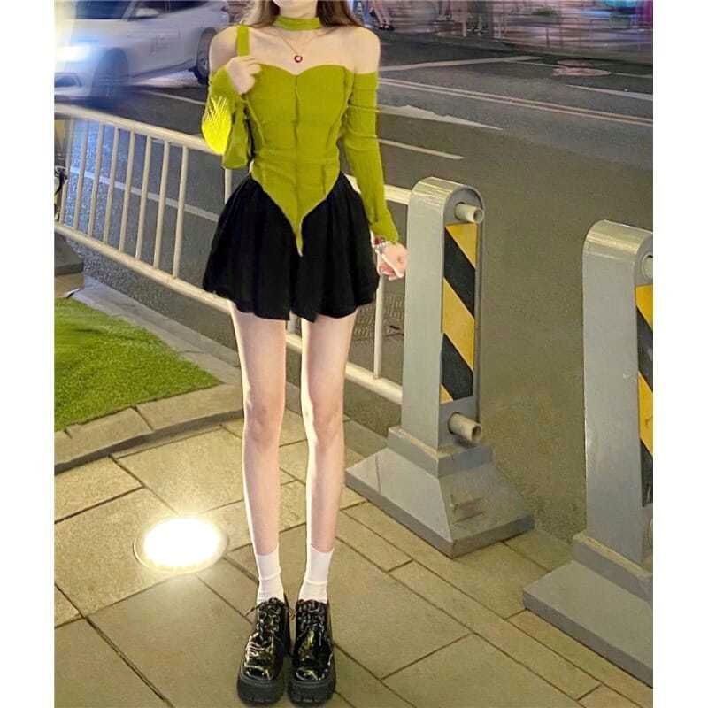 Suhao One-Piece/Jas Musim Panas Baru Niche Slim Seksi Lengan Panjang Halter T-shirt Atasan + Setengah Panjang Celana Pendek Rok Wanita