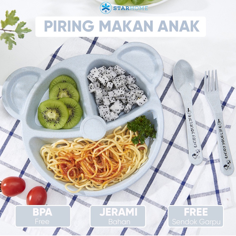 Piring Makan Anak Wheat Kid Plate Piring Anak Bonus Sendok Garpu Piring Serat Gandum Piring Mpasi