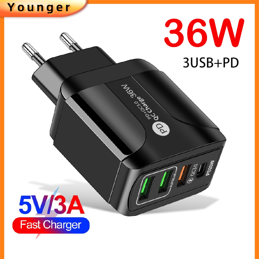 Adapter Charger Handphone Android Tipe-C QC3.0 + PD 4-port 36W 5V / 9V / 12V Untuk Travel