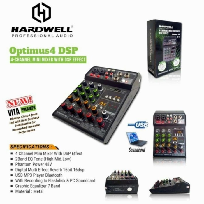 Audio Mixer 4 Channel Hardwell Optimus4 Usb Soundcard Bluetooth Efek #Original