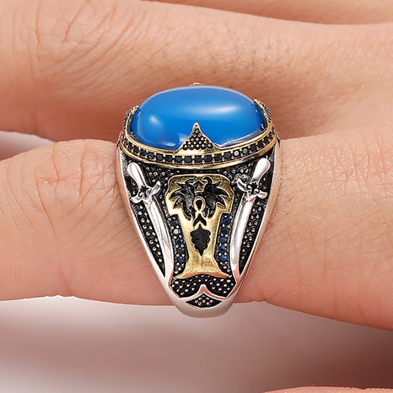 Cincin Batu Biru Desain Pedang Ganda Gaya Klasik Untuk Pria