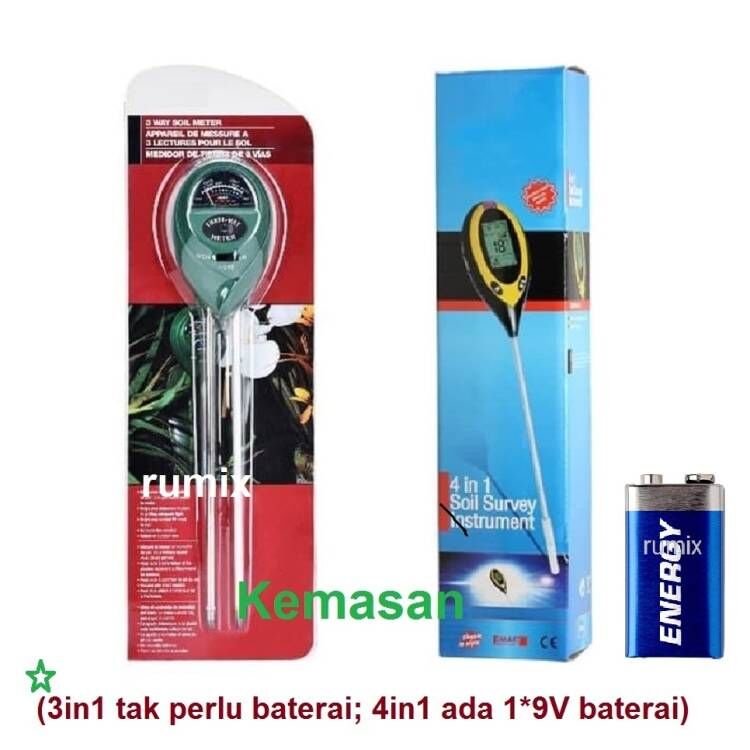 Soil Analyzer Tanah Tester Meter Moisture Meter PH Meter Sunlight Meter Suhu Alat Ukur 3 in 1 4 in 1