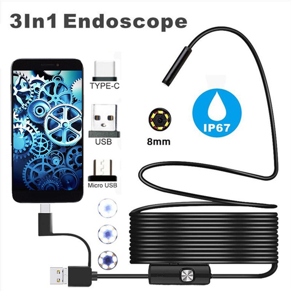 Endoskop Endoscope 3in1 TYPE-C/Microusb/USB 8mm Len Inspection Pipe Camera for Cars Endoscope IP67 Waterproof Camera for Phone/PC