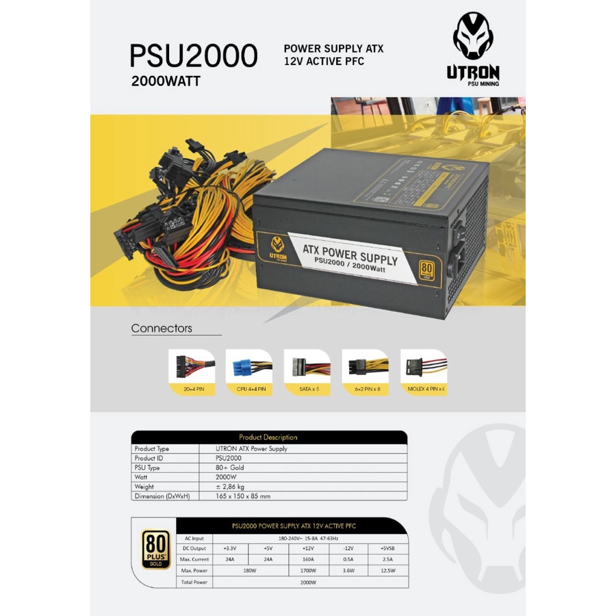 POWER SUPPLY PSU 2000W MINING / PSU MINING UTRON 2000WATT 80 PLUS GOLD