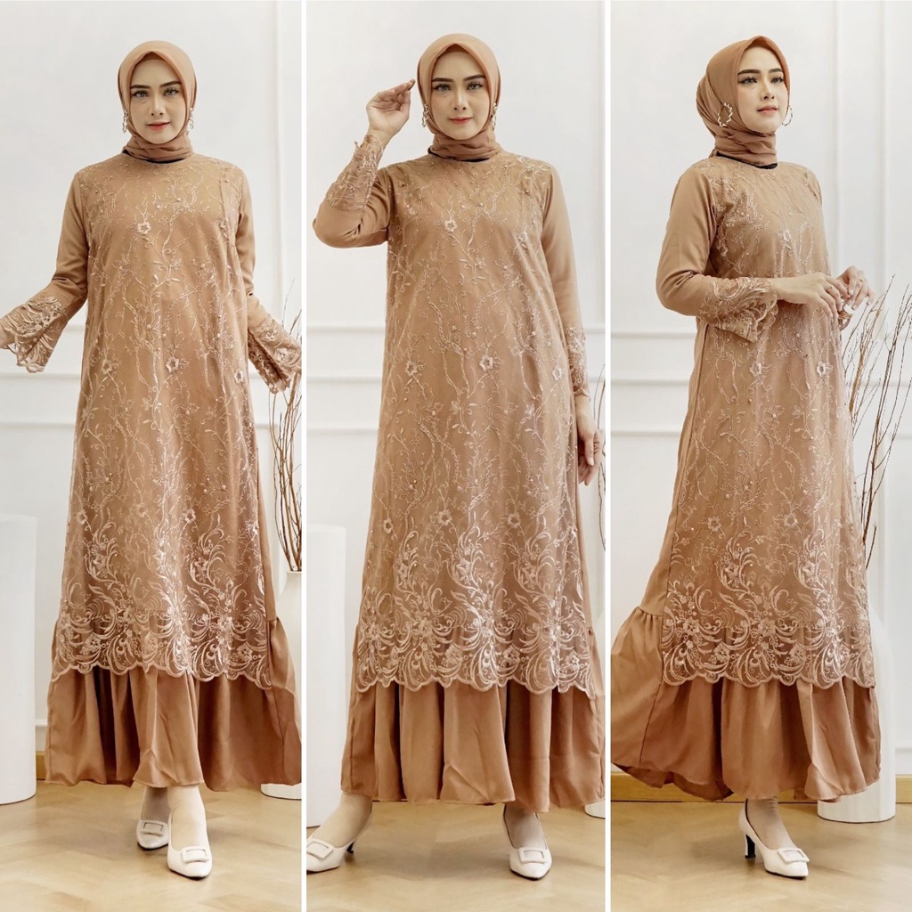 Gamis Pramitha SIZE S M L XL XXL XXXL JUMBO BIGSIZE/  Brukat Tille Maxi Dress Gamis Pesta Rempel Pesta Lebaran Kondangan Tulle Premium !!