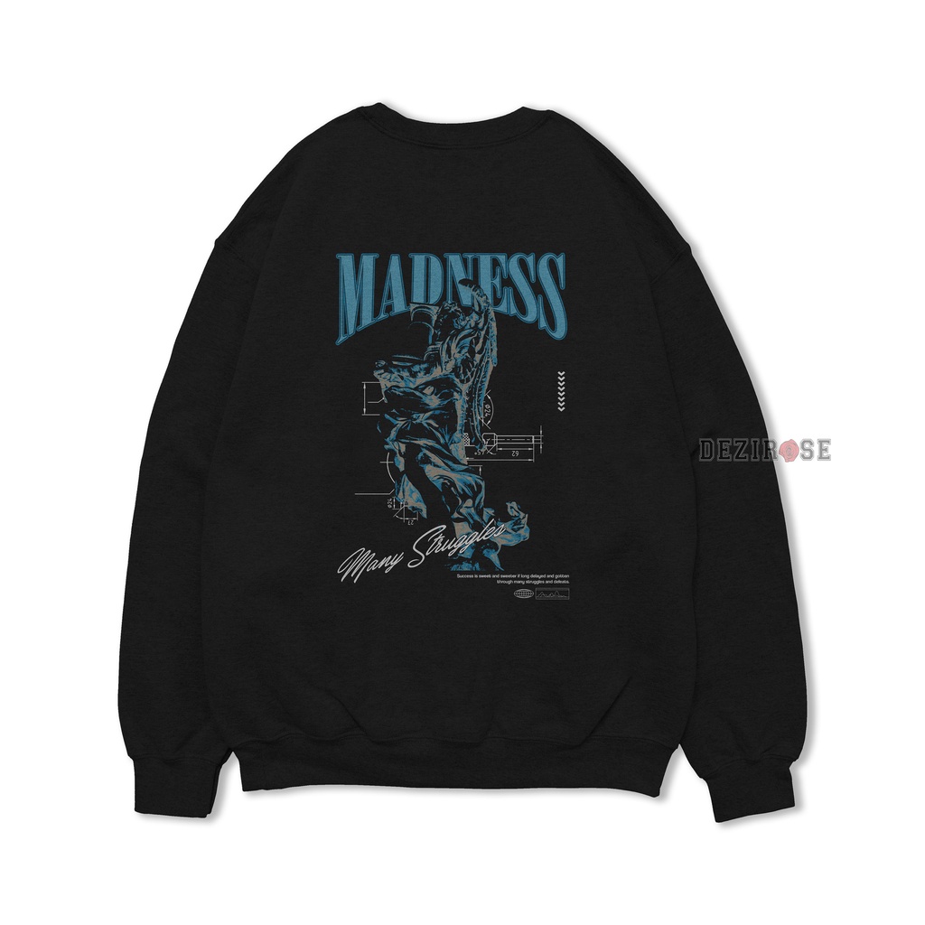 DEZIROSE Sweater Crewneck Madness Pria &amp; Wanita Distro Original Fleece Tebal Hitam Premium Size M L XL XXL