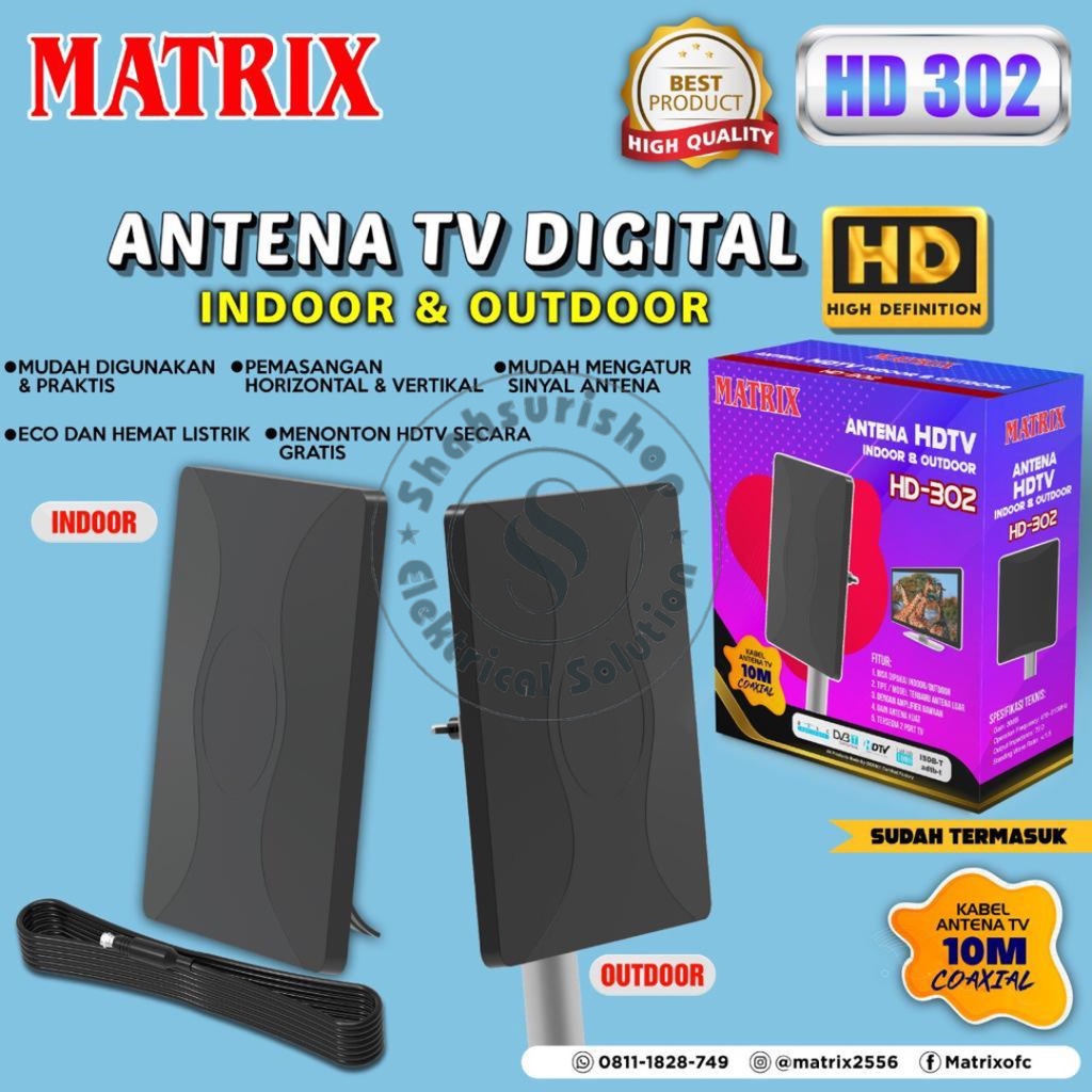 MATRIX HD-302 ANTENA TV DIGITAL OUTDOOR INDOOR + KABEL 10 METER 10M