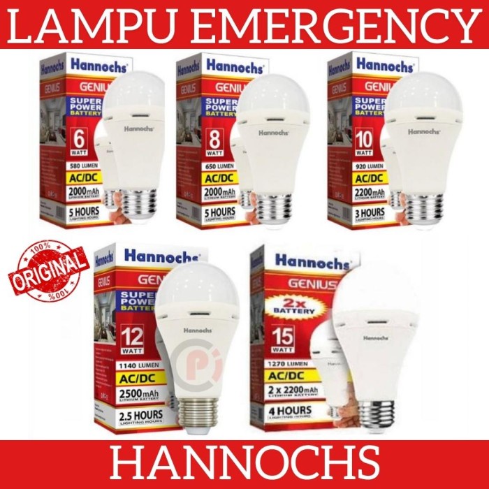 HANNOCHS GENIUS Lampu Emergency AC DC 6 8 10 12 15 Watt Otomatis Nyala