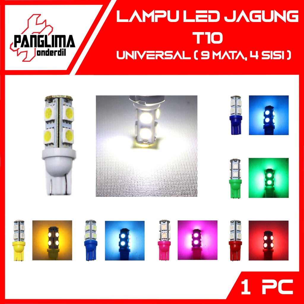 Lampu Sein T10-T 10 LED Putih-Kuning-Merah-Biru-Ice Blue-Pink-Hijau Sen-Riting-Ritting Colok-Tancap Diam Jagung 9 Mata 4 Sisi