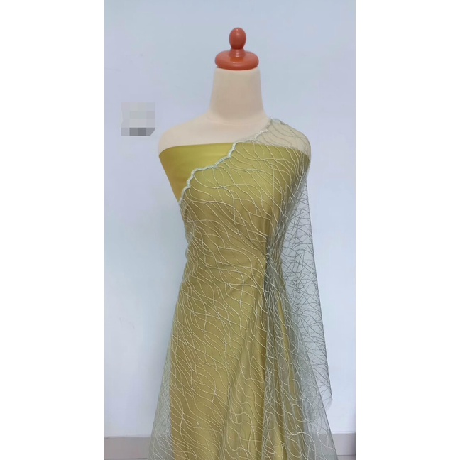 Paket Lengkap Kain Bridesmaid / Kain Satin Velvet Lime + Brukat Tile Soft Green