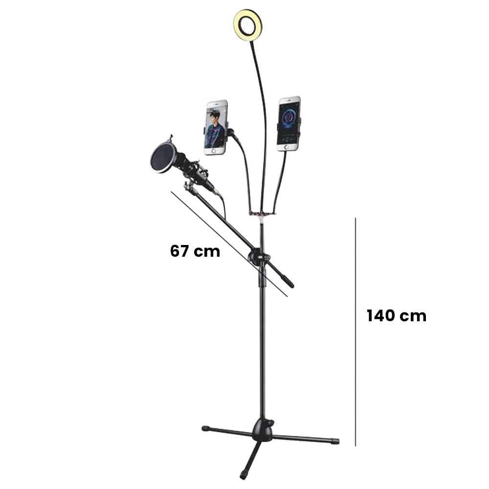 Microphone Stand Tripod with 2 x Smartphone Holder &amp; Ring Light - NB-03B