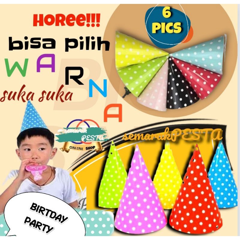 (6 pics pilih warna) topi ultah kuncung polkadot,topi krucut polkadot,topi lancip polkadot,topi pest