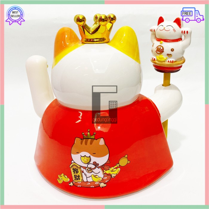 Patung Pajangan Boneka Dekorasi Hiasan Kucing Bawa Panggil Rejeki Rezeki Hoki Maneki Neko Maneko Neki ManekiNeko Lucky Cat Keberuntungan Keramik Tangan Goyang Gerak Meja Kasir Toko Restauran Cina China Jepang XL Jumbo Besar Listrik Baterai Batrai Batre