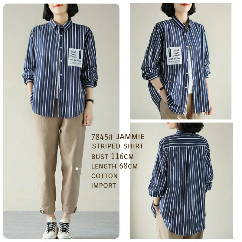 MDLV ~ 7845# Jammie Striped Shirt Kemeja Garis Navy Import