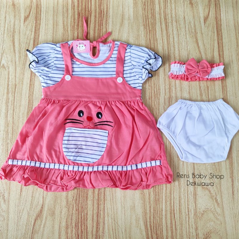 CANTIK Dress rok katun set + BANDO / TOPI baju anak bayi perempuan cewek
