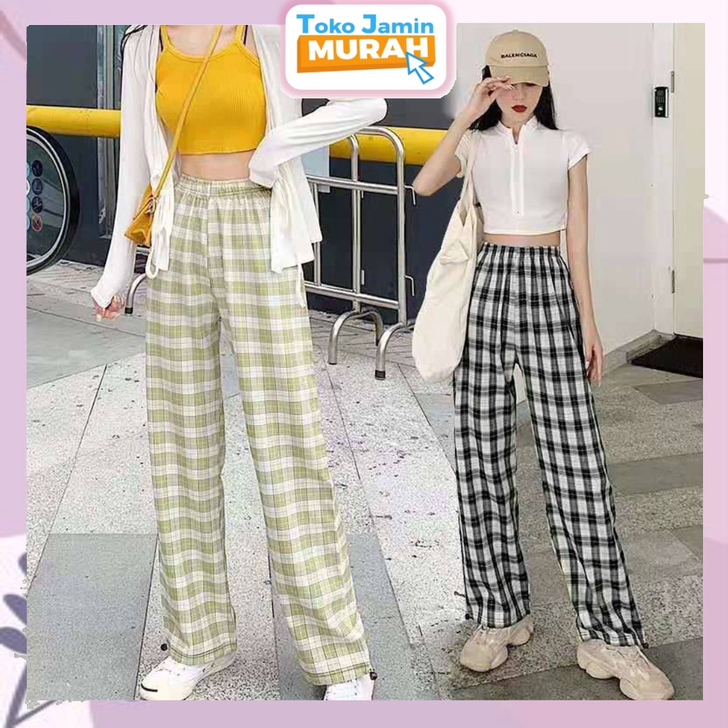 TJM CPG280 Celana Panjang Wanita Motif Kotak - kotak Casual Tartan Plaid Long Pants Korean Fashion