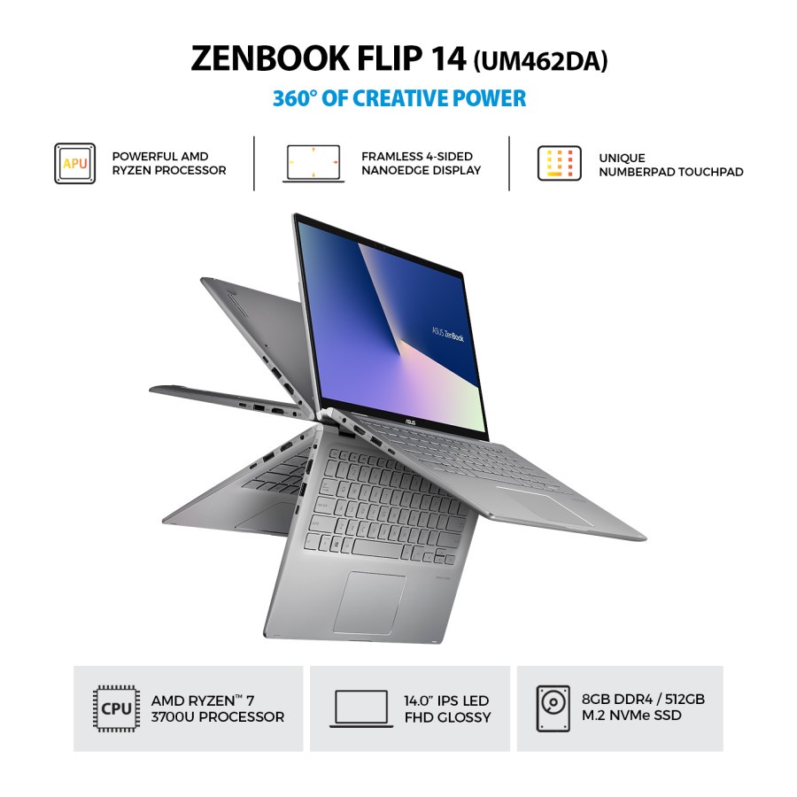 ASUS ZenBook Flip 14 UM462DA AI701TS RYZEN 7 3700U 8GB 512GB W10 OHS