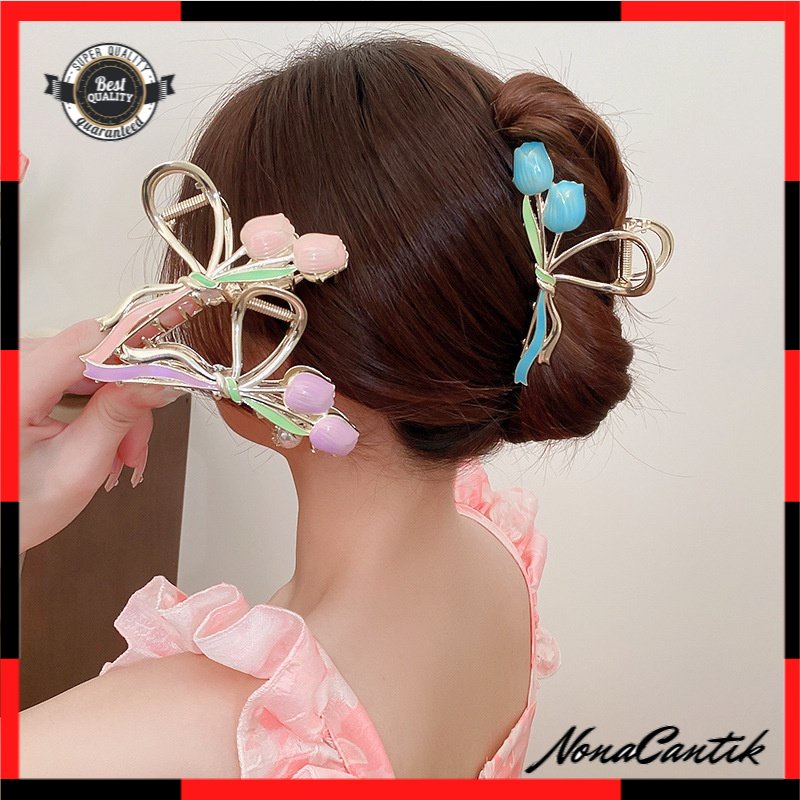 Jepitan Rambut Korea Bahan Besi 11cm JUMBO 2 Bunga Tulip Jedai Logam Alloy