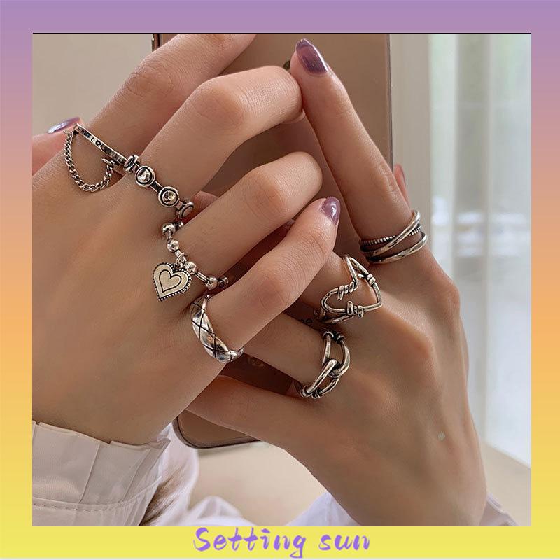 7Pcs/Set Perhiasan Cincin Rantai Cinta Fashion Korea Vintage Adjustable Gaya Untuk Wanita TN