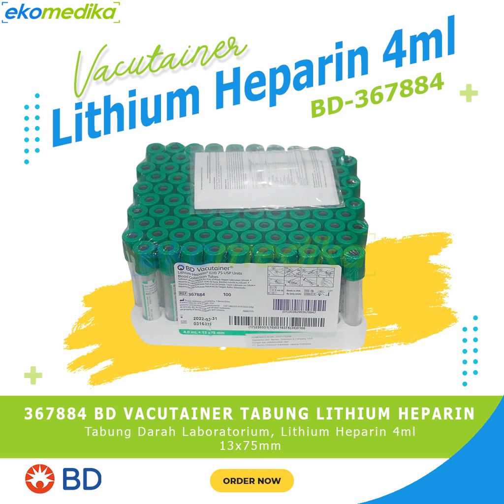 367884 BD Vacutainer Tabung Heparin 4ml (Hijau) isi 100 13x75mm ED 12/2026