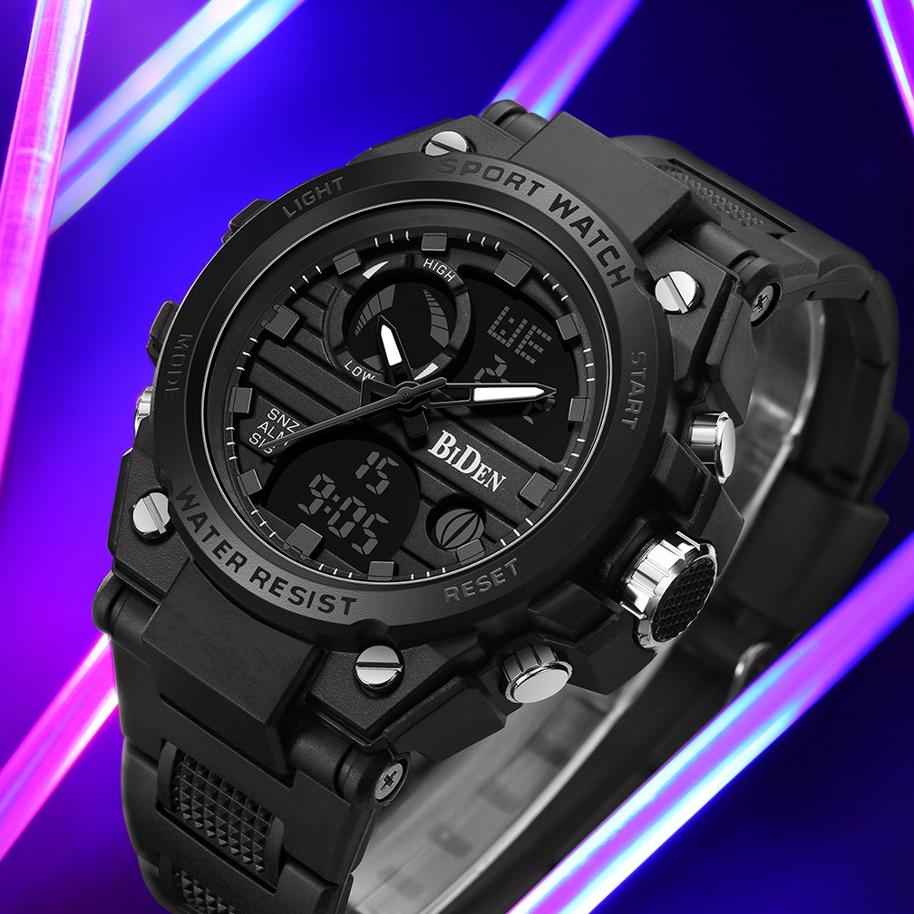 BIDEN Jam Tangan Pria Olahraga Militer Anti Air Luminous Analog&Digital Tali Silikon Multifungsi Jam Tangan Cowok Original-6